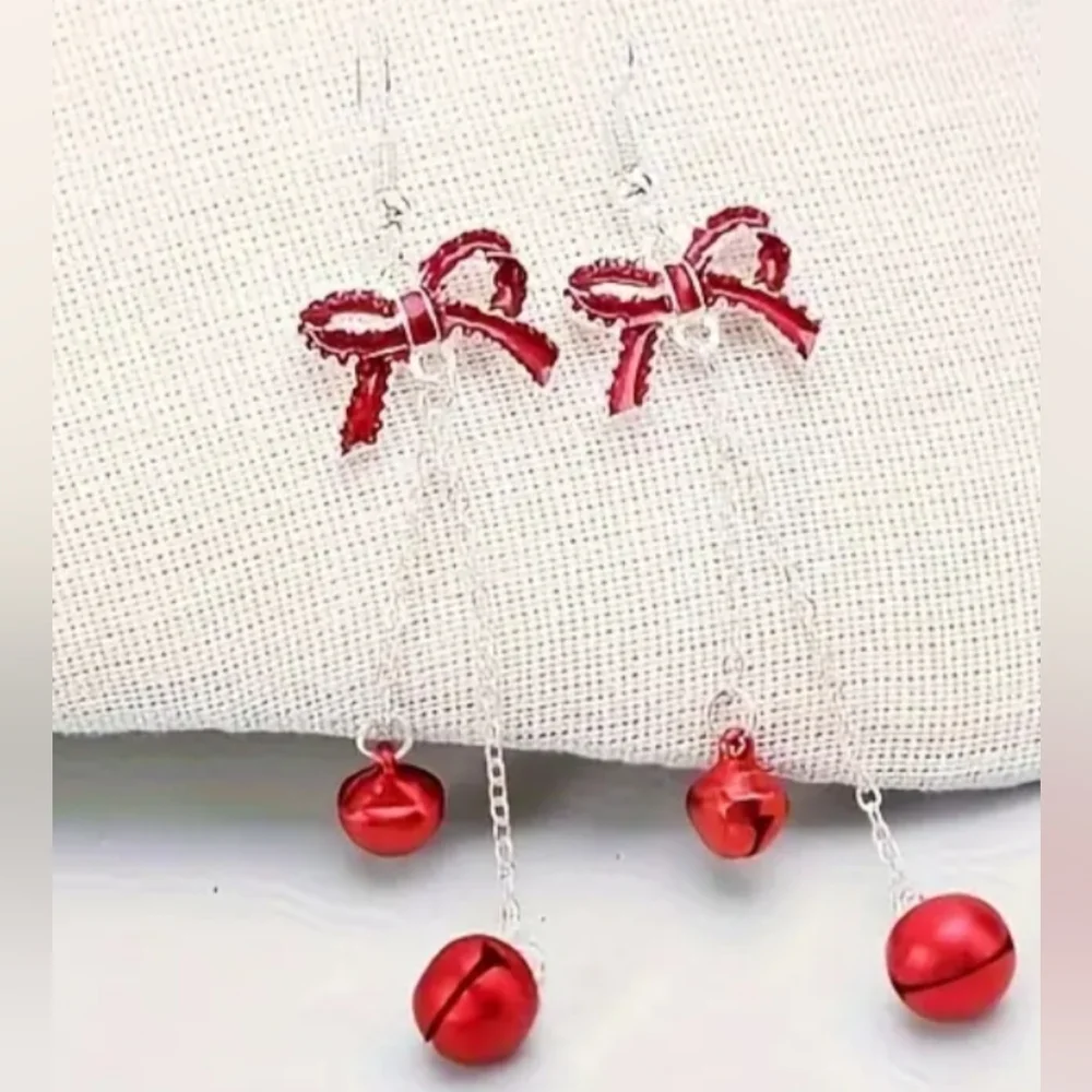 Elegant Christmas Holiday Festive Red Bow Dangle Earrings - Picture 2 of 2
